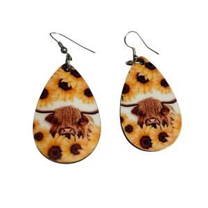 Sunflower Highland Cow Hook Pierced Earrings Lightweight Double Sided